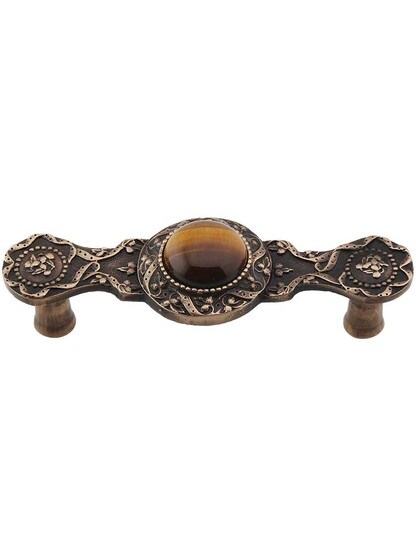 Victorian Jewel Pull Inset with Tiger Eye - 3 inch Center-to-Center in Antique Brass.